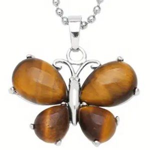 Tiger Eye Natural Stone Cute Butterfly Pendant Necklace Gemstone Pendant